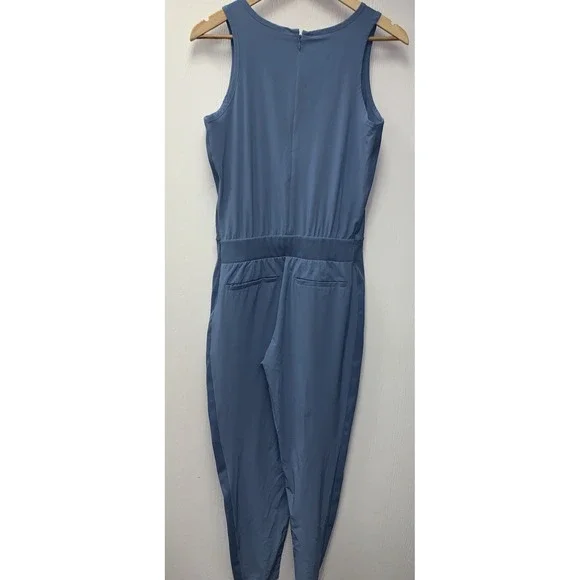Athleta Brooklyn Jumpsuit Sz 4 Blue  Sleeveless One Piece Ribbed Sides Pockets - Picture 4 of 7